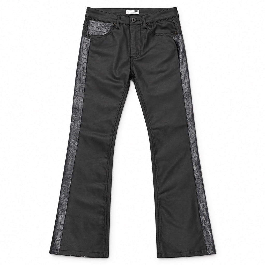 WINNIN croc-embossed lambskin waxed denim jeans — front concept mockup