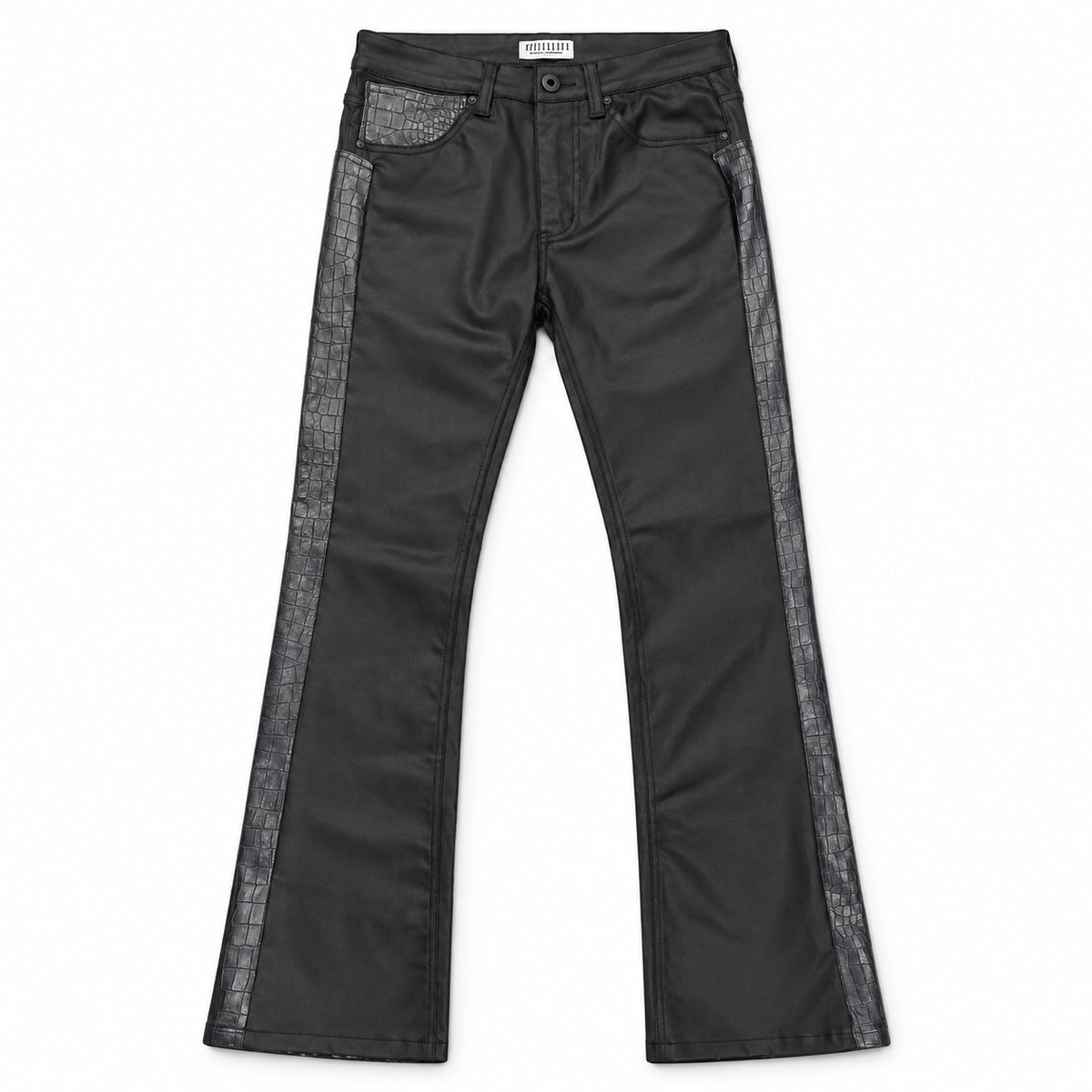 WINNIN croc-embossed lambskin waxed denim jeans — front concept mockup