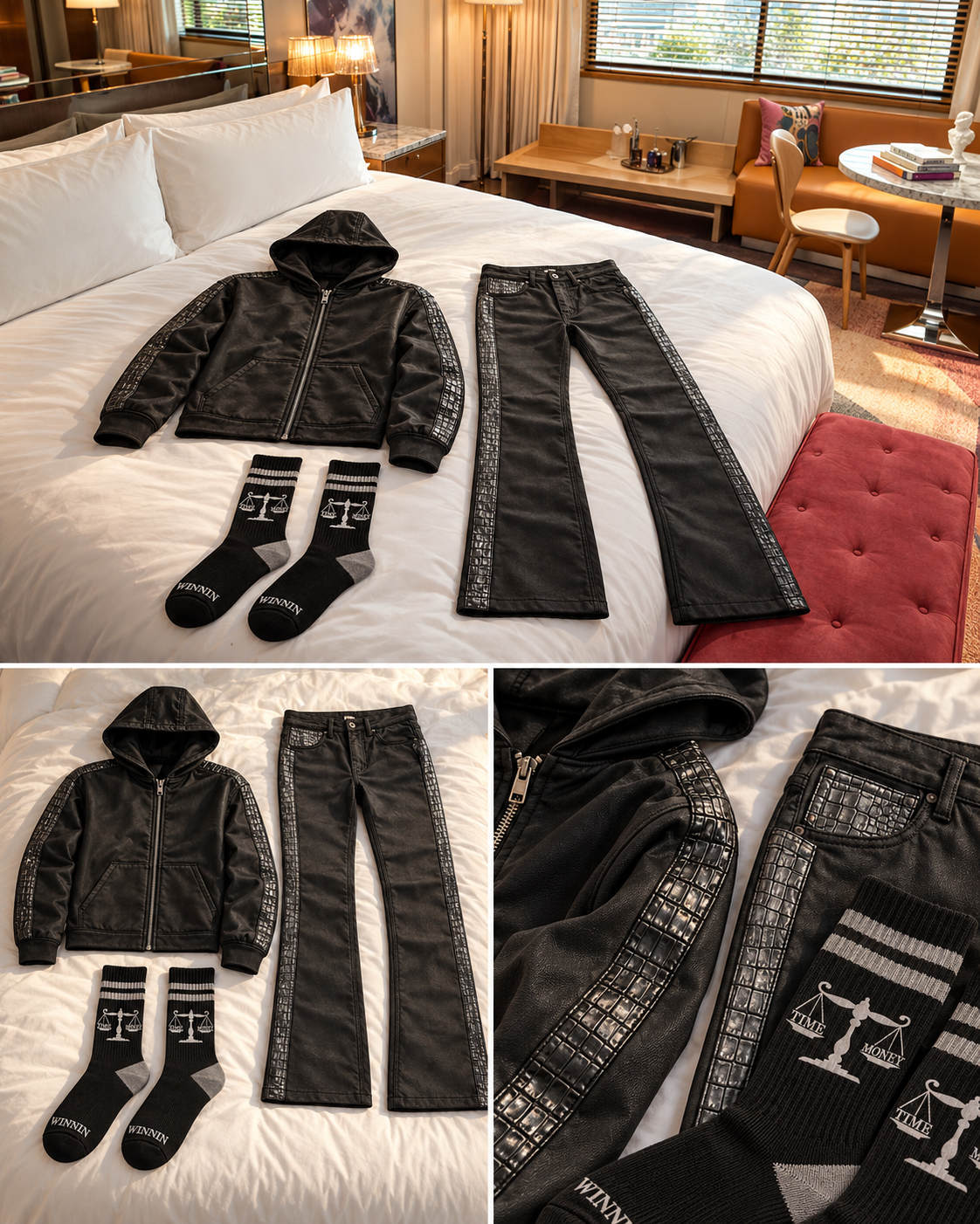 WINNIN croc denim styled with coordinating jacket and socks — hotel outfit concept; jeans sold separately