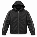 WINNIN black waxed denim hooded jacket with charcoal croc-embossed lambskin sleeve trim — design mockup