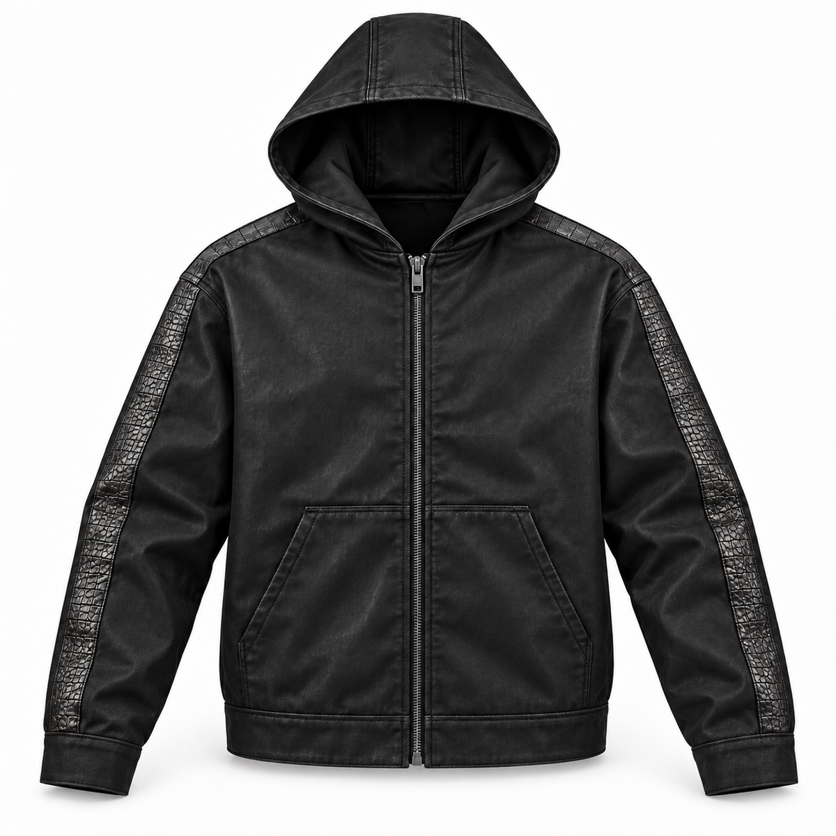 WINNIN black waxed denim hooded jacket with charcoal croc-embossed lambskin sleeve trim — design mockup