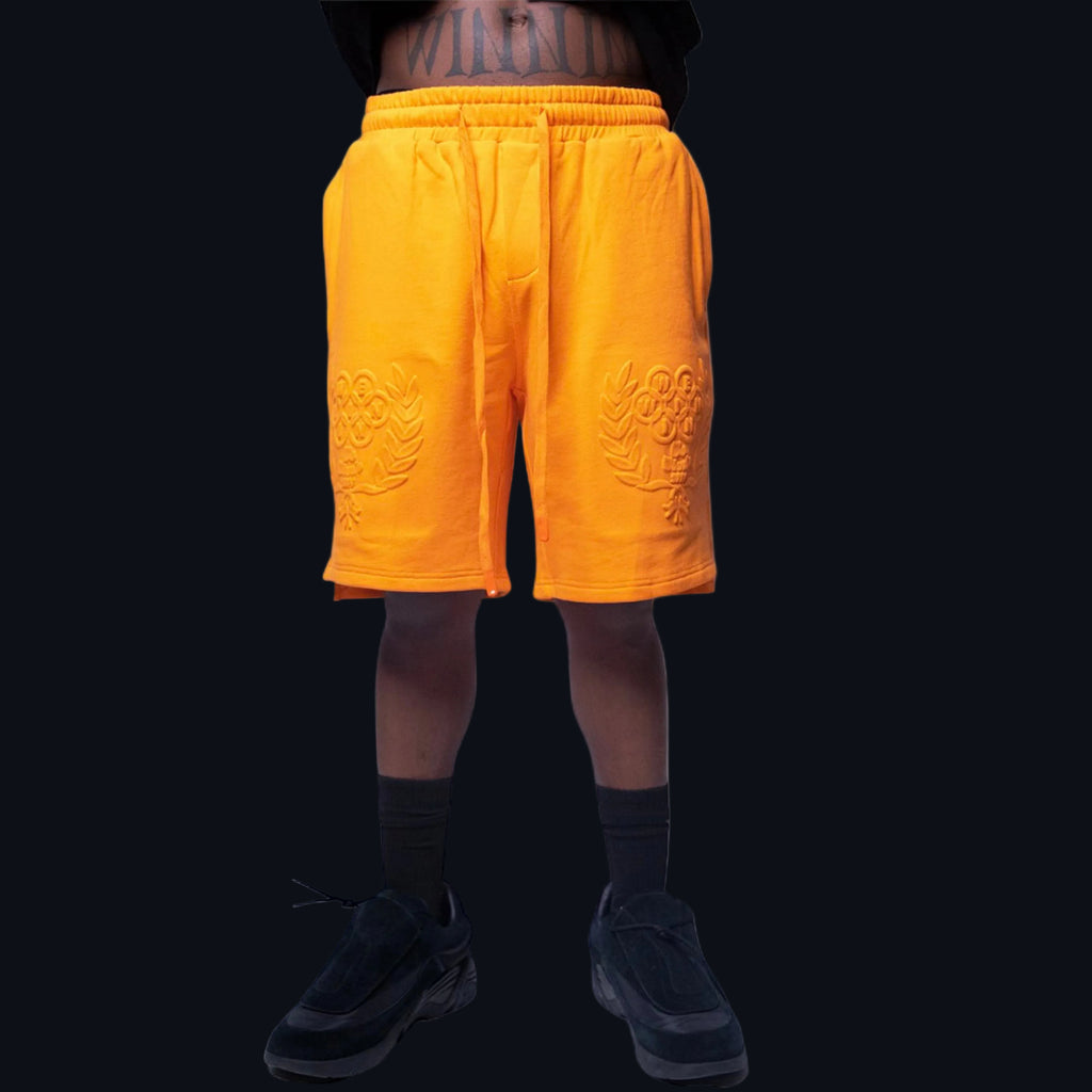 Front view of Winnin Heritage luxury streetwear shorts highlighting black and white contrast color block panelling.